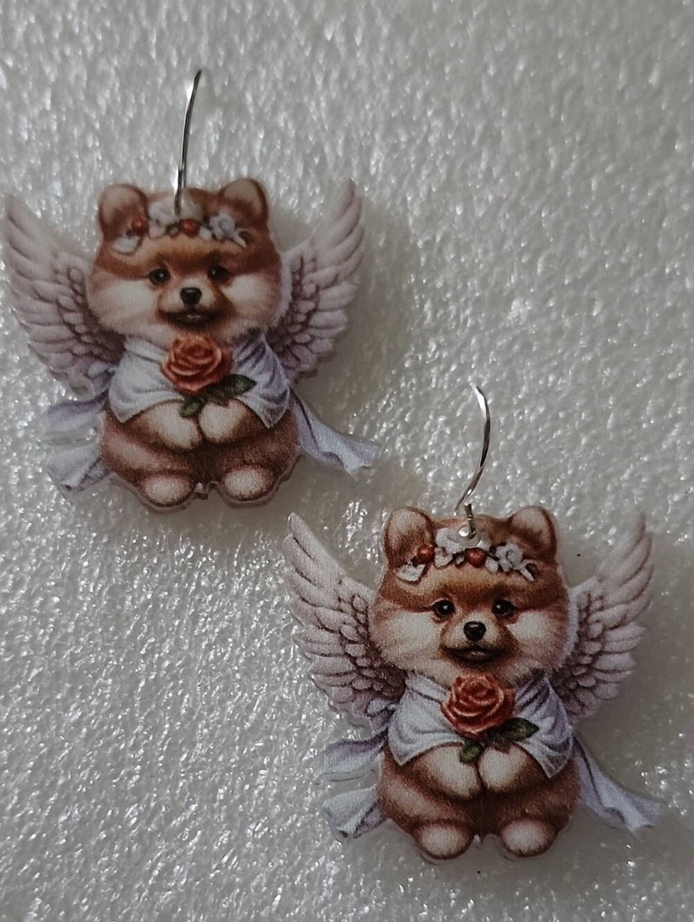 Hand Crafted Brown & White Angel Puppy Earrings with Rose Accent